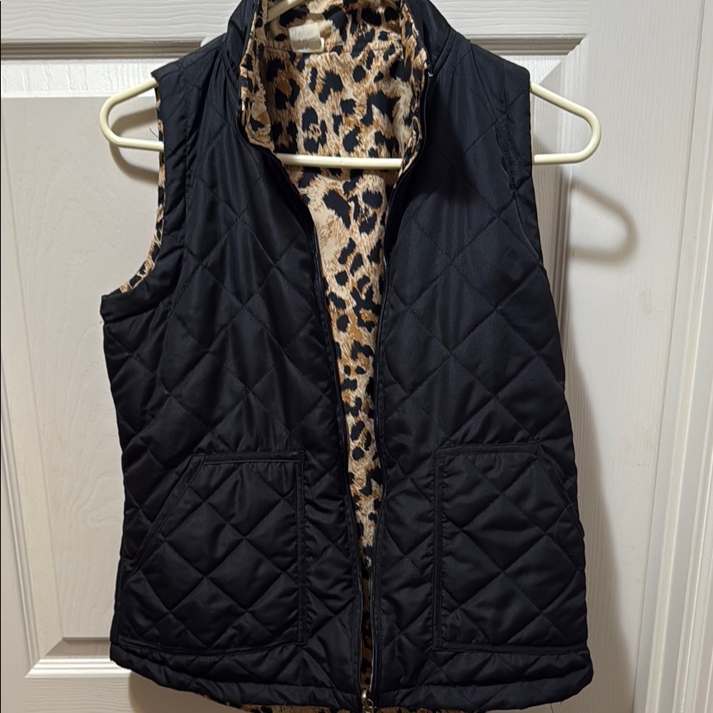 Three Hearts Black Quilted Vest with Leopard Interior
